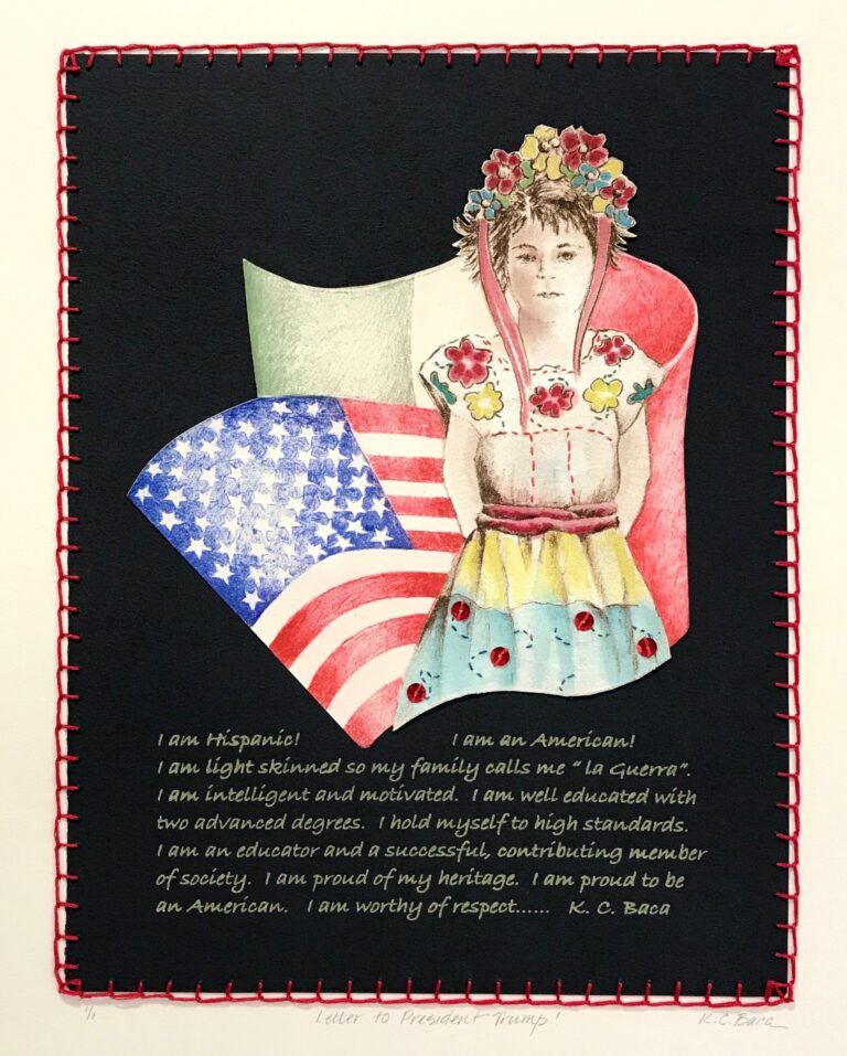 Letter to President Trump - Etching, Watercolor, Silkscreen, Embroidery Floss, Sequins